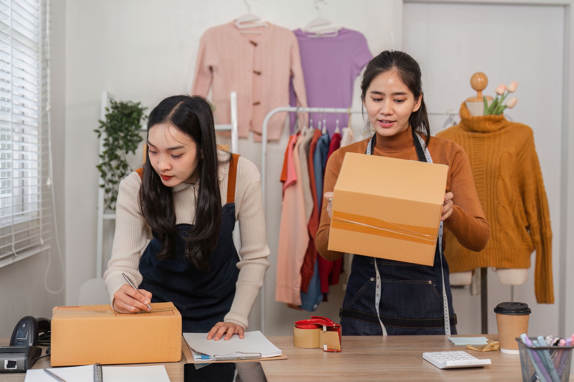 Diverse female e-commerce employees preparing packages for shipment in retail store.